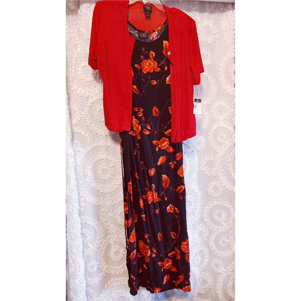 Early 2000s Red and Black Floral Dress Set
